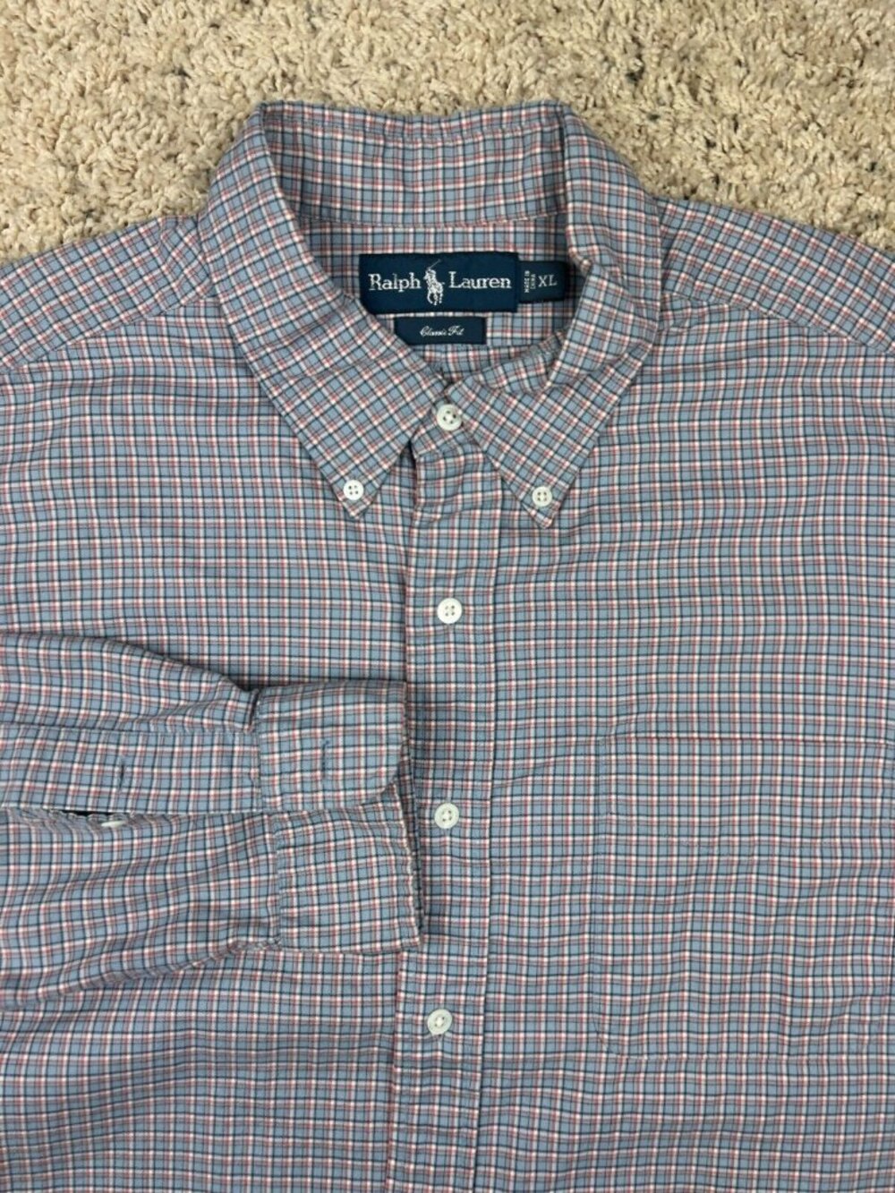 Ralph Lauren Classic Fit Shirt XL Orange Blue Checked Long Sleeve Button Up